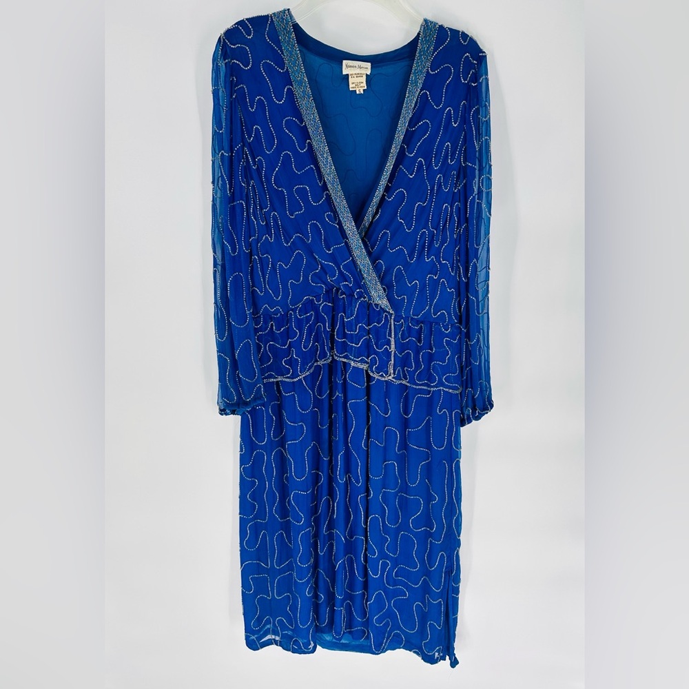 Neiman Marcus Vibrant Blue Silk Dress with Beaded Accents Size Small Vintage - Picture 1 of 6